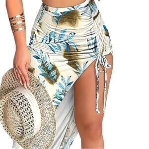 Leaf Patterned Cream Blue Asymmetrical Ruched Midi Skirt